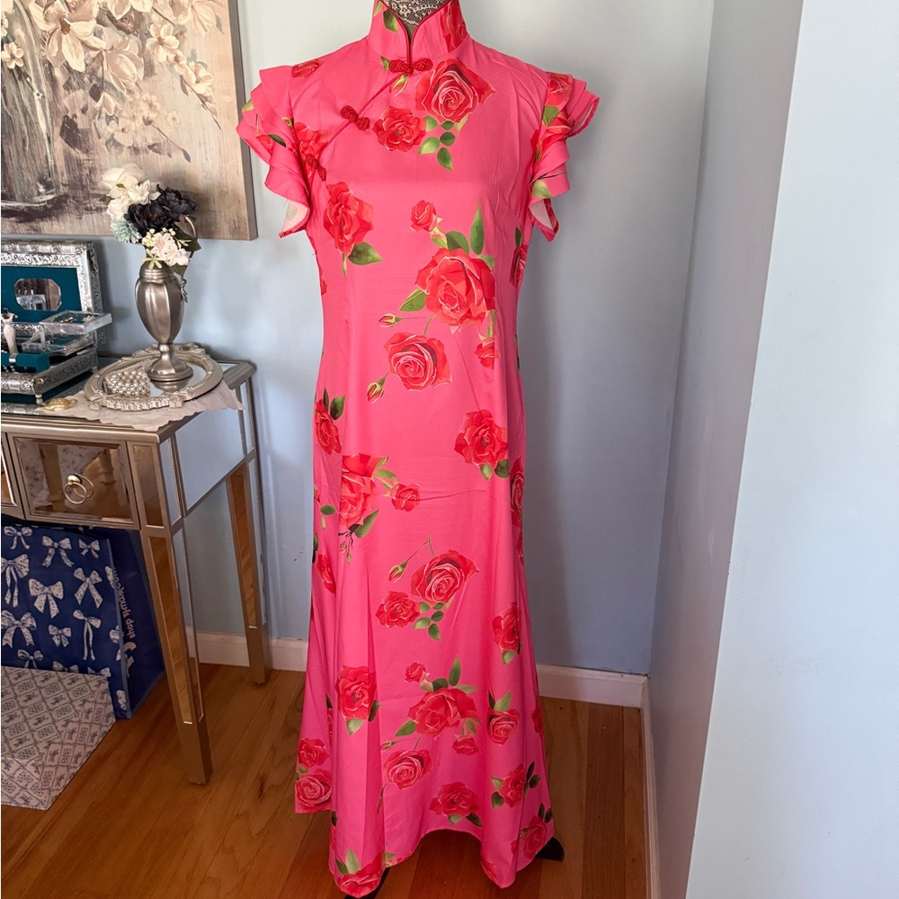 Elegant vibrant pink with roses Maxi Dress with Flowing Silhouette